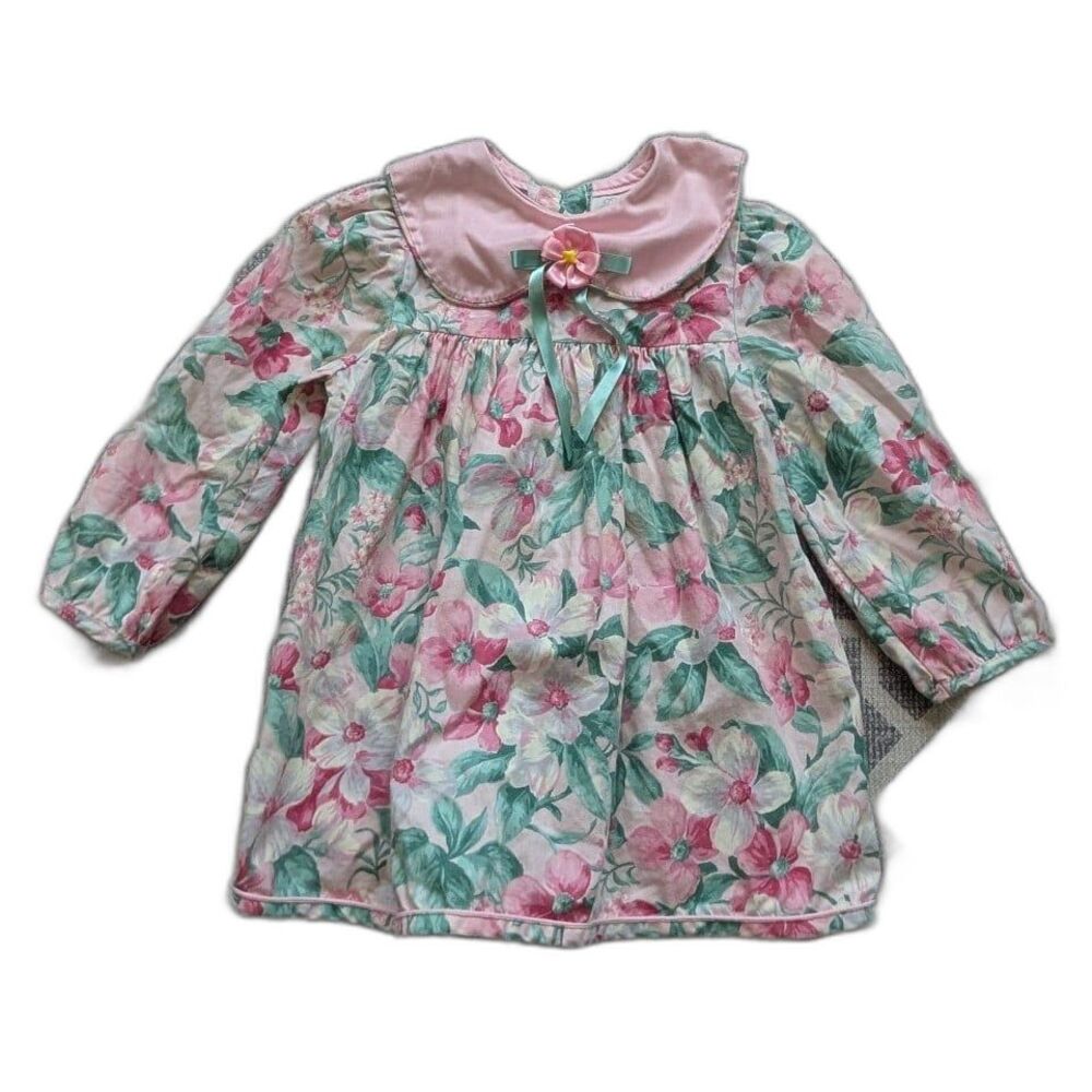 Vintage Rare Editions Pink/Green Floral Dress Peter Pan Collar Ribbon/Bow 24m